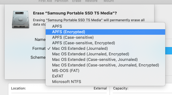 erasing samsung evo ssd for mac do i choose apfs or apfs (encrypted)